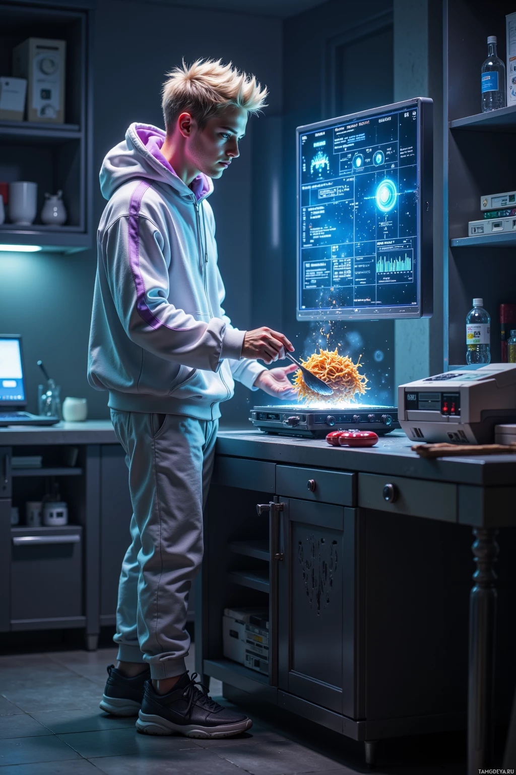 A person in a hoodie stands in a kitchen, holding a spoon over a glowing, futuristic display.
