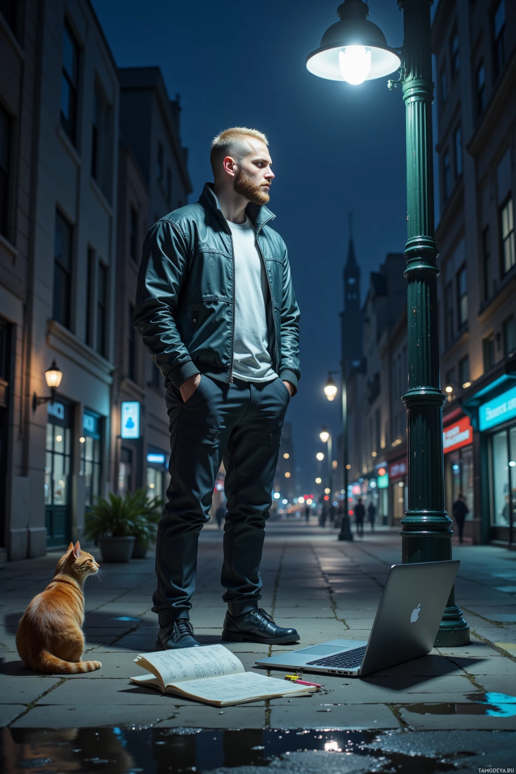 A man stands on a city street at night, illuminated by streetlights, with a cat and an open book on the ground nearby.
