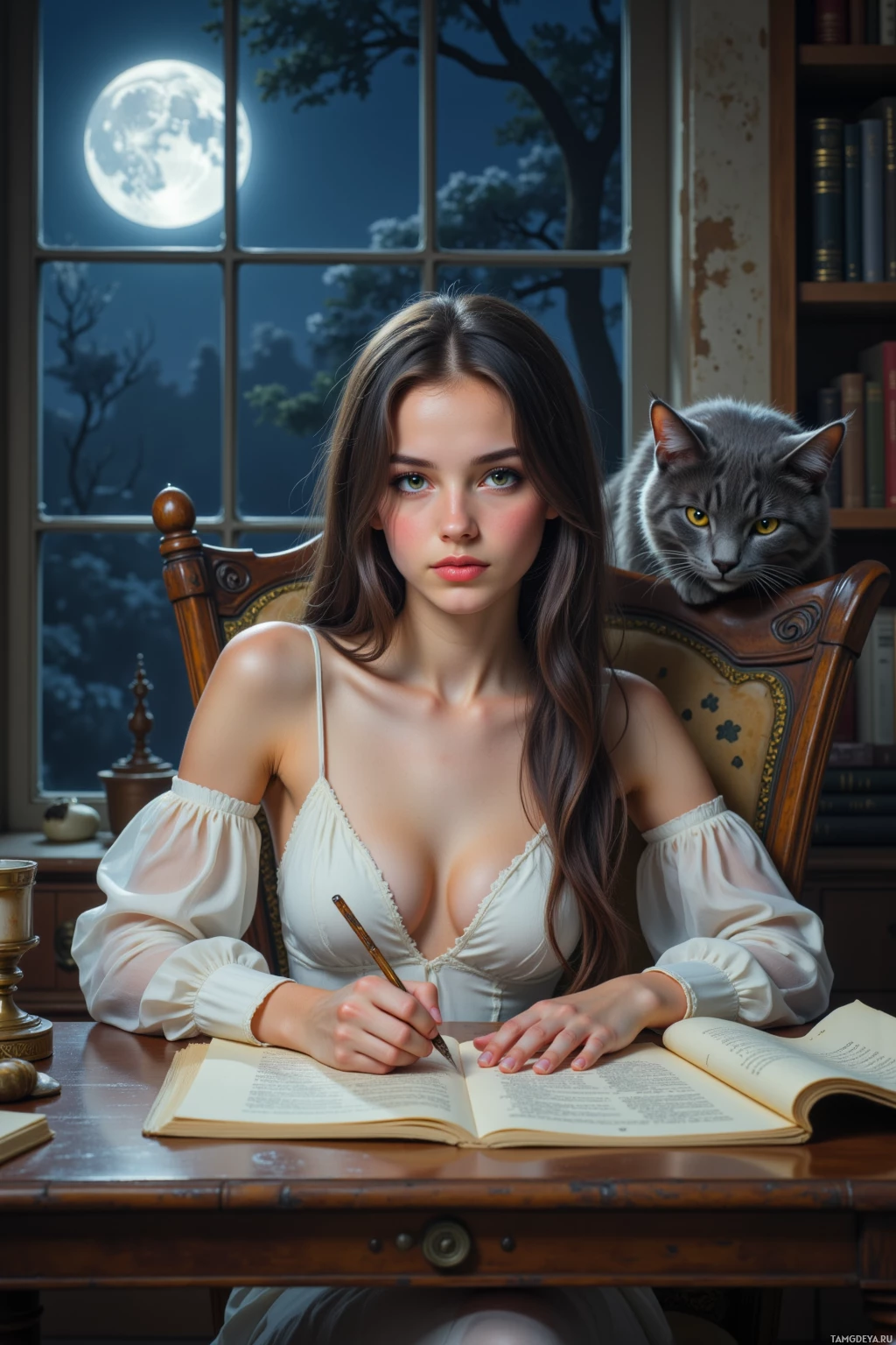 A woman sits at a desk with an open book, writing, accompanied by a cat.