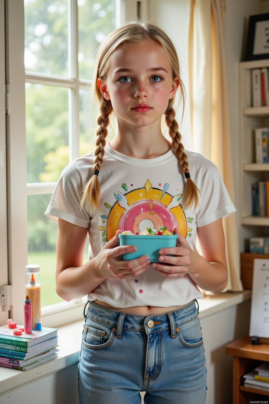 A young girl stands indoors, holding a small bowl, wearing a white t-shirt with a colorful design and blue jeans.