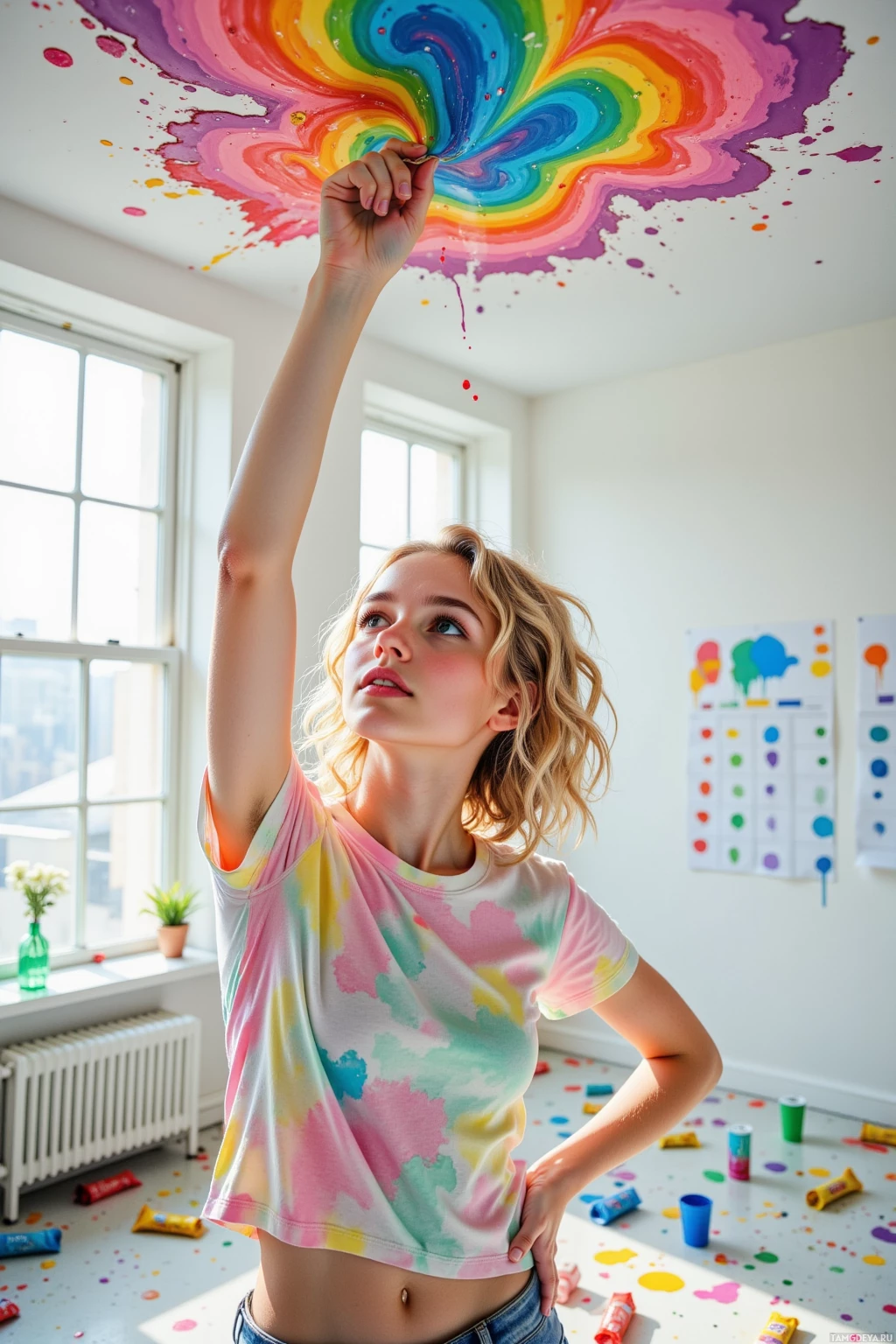 A person in a tie-dye shirt stands in a room with colorful paint splatters on the ceiling and floor.