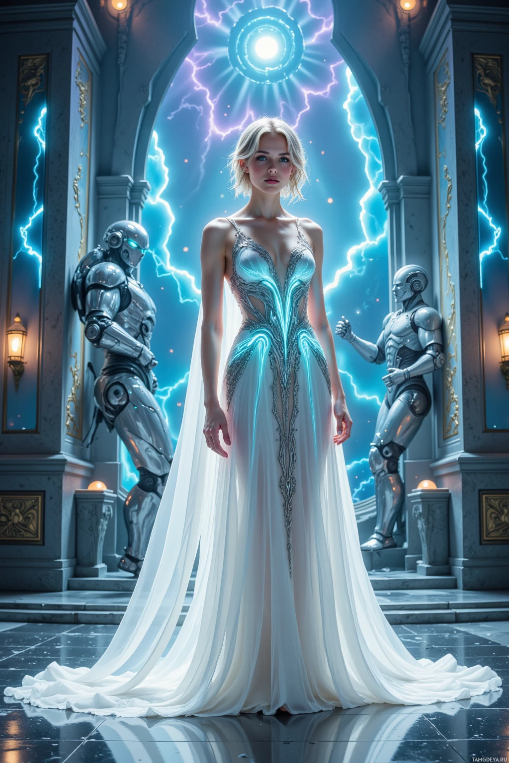 A woman in an elegant white gown stands in a grand hall with glowing blue energy and robotic figures.