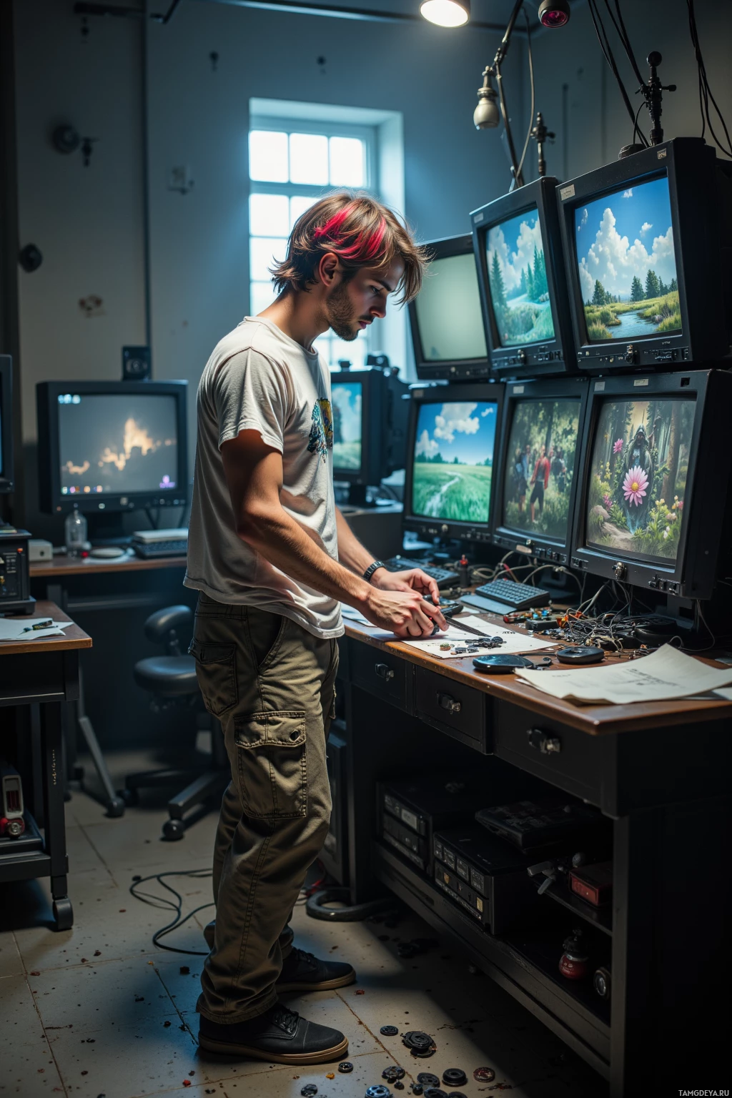 A person stands in a room with multiple monitors displaying scenic images, working at a desk with various equipment.