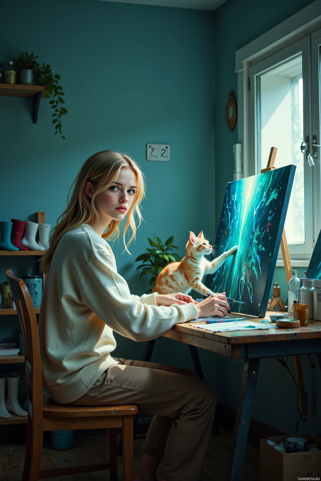 A woman sits at a desk in a studio, painting with a cat perched on the canvas.