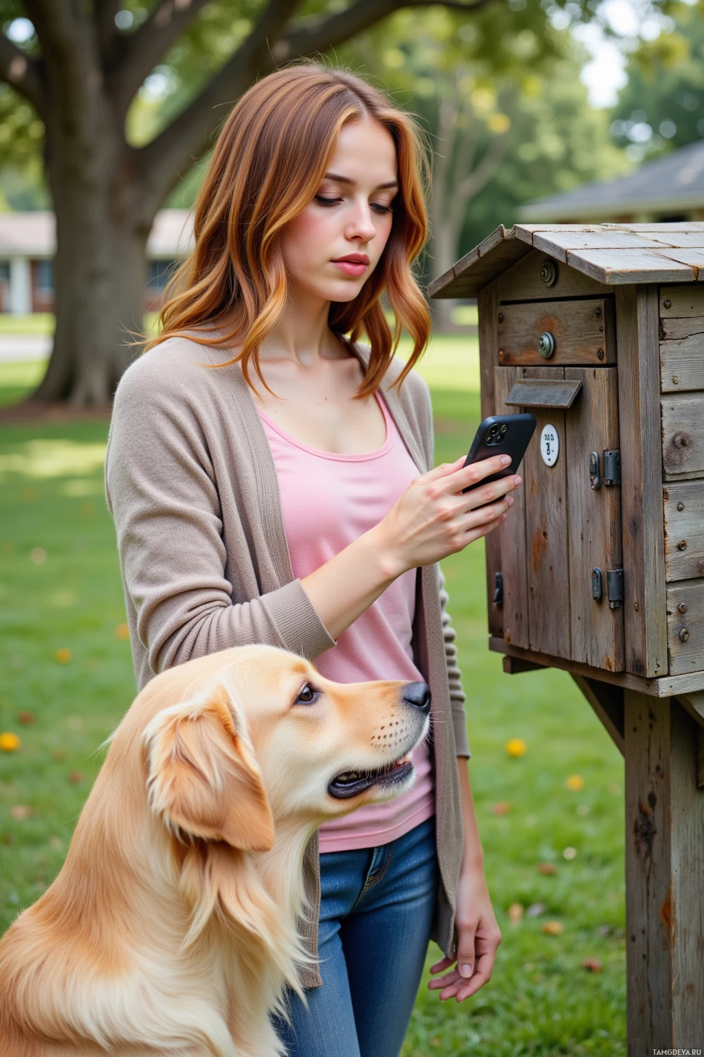 A woman stands next to a mailbox, holding a phone, with a dog sitting beside her.