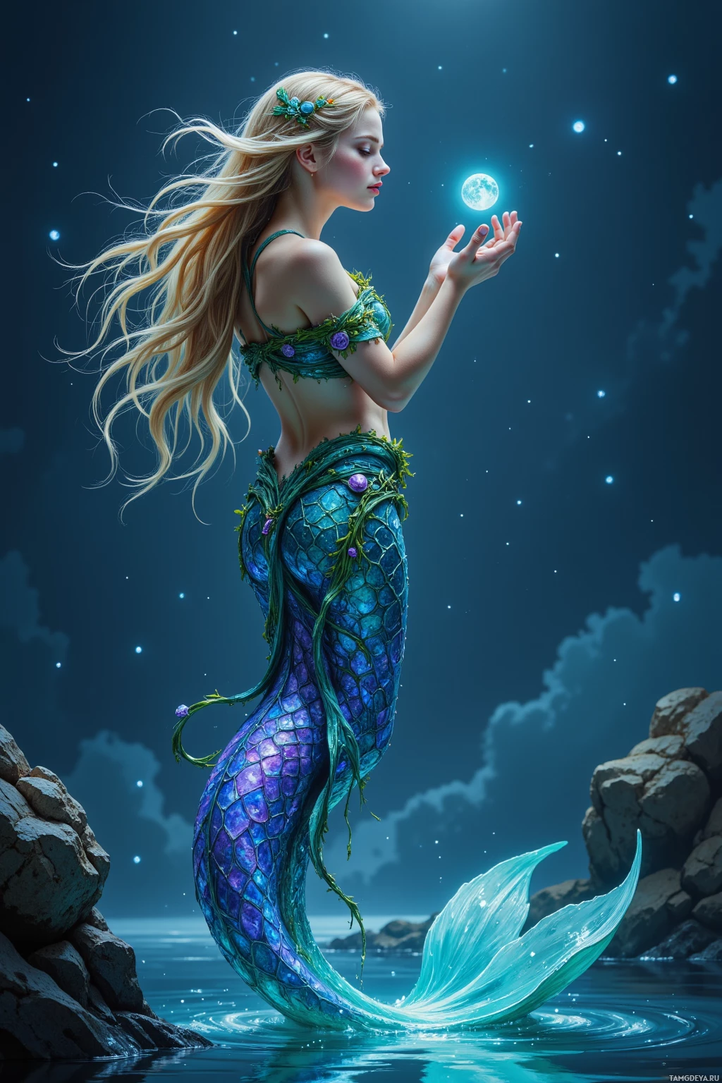 A mermaid with long blonde hair and a glowing blue tail stands by the water, holding a glowing orb.