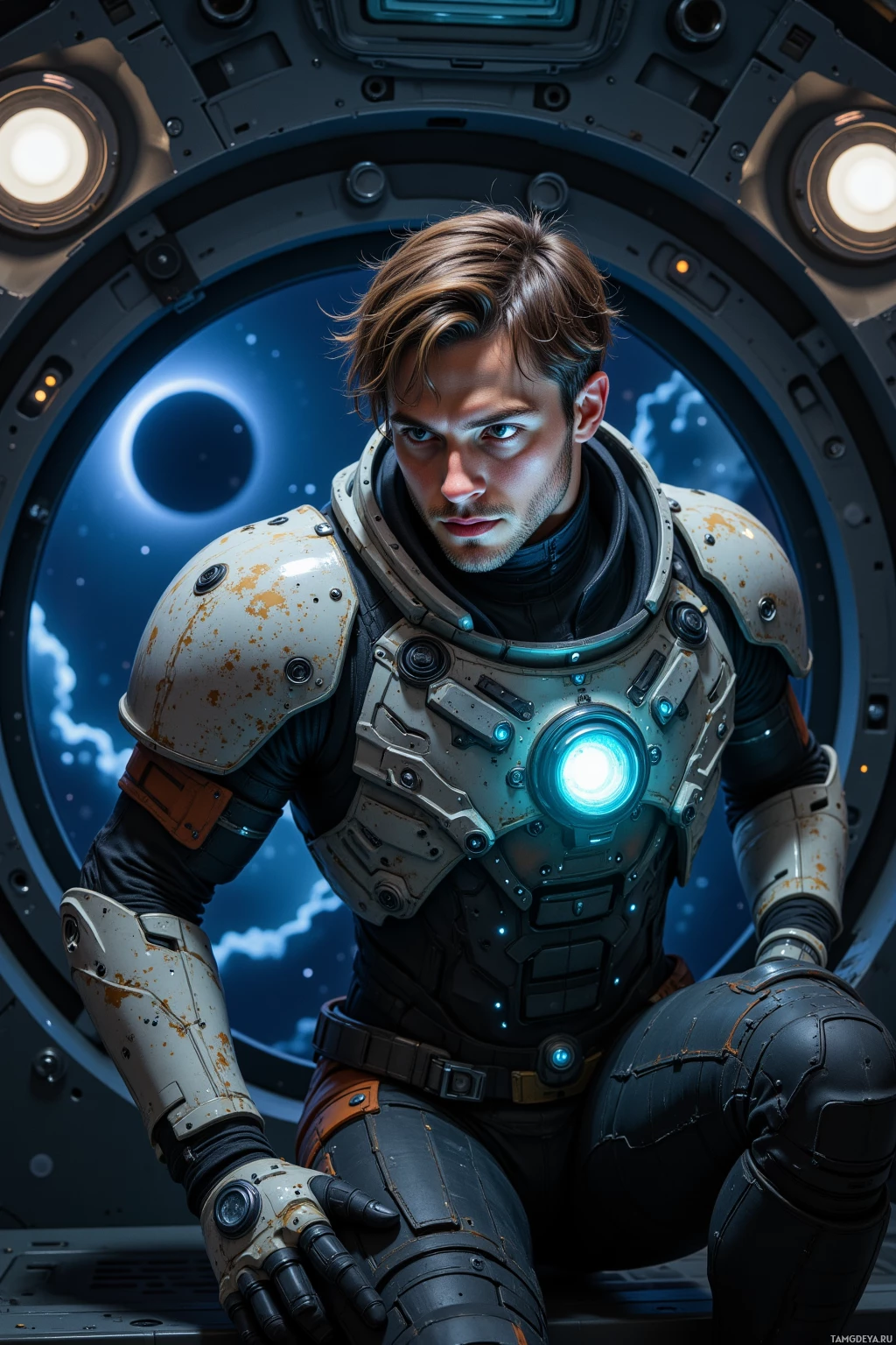 A person in futuristic armor kneels inside a spacecraft.