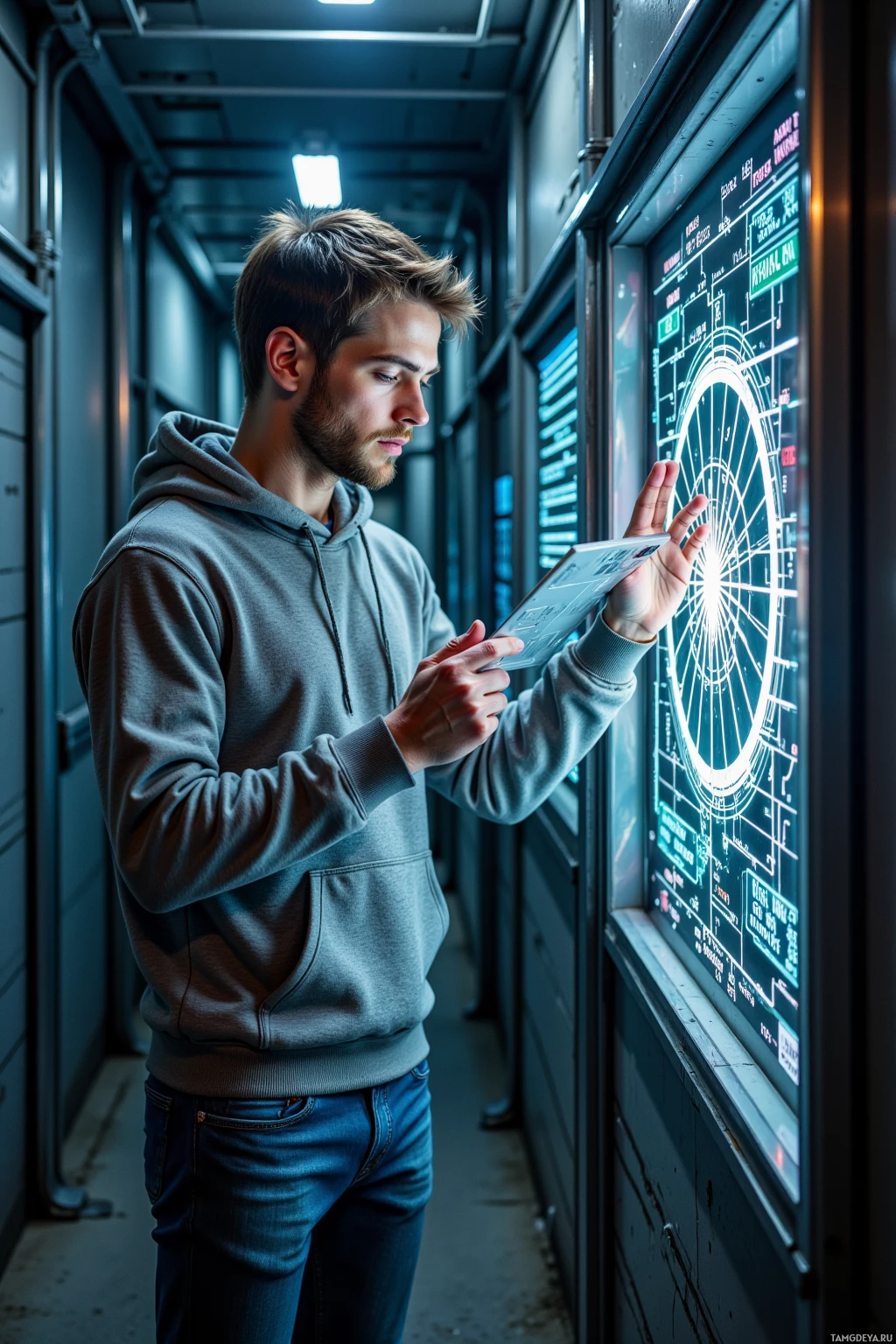 A person in a hoodie stands in a corridor, interacting with a large, illuminated display.
