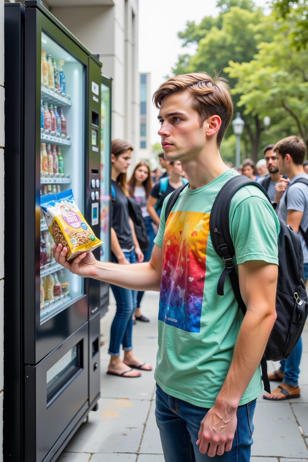 A young man stands in front of a vending machine, holding a snack package.