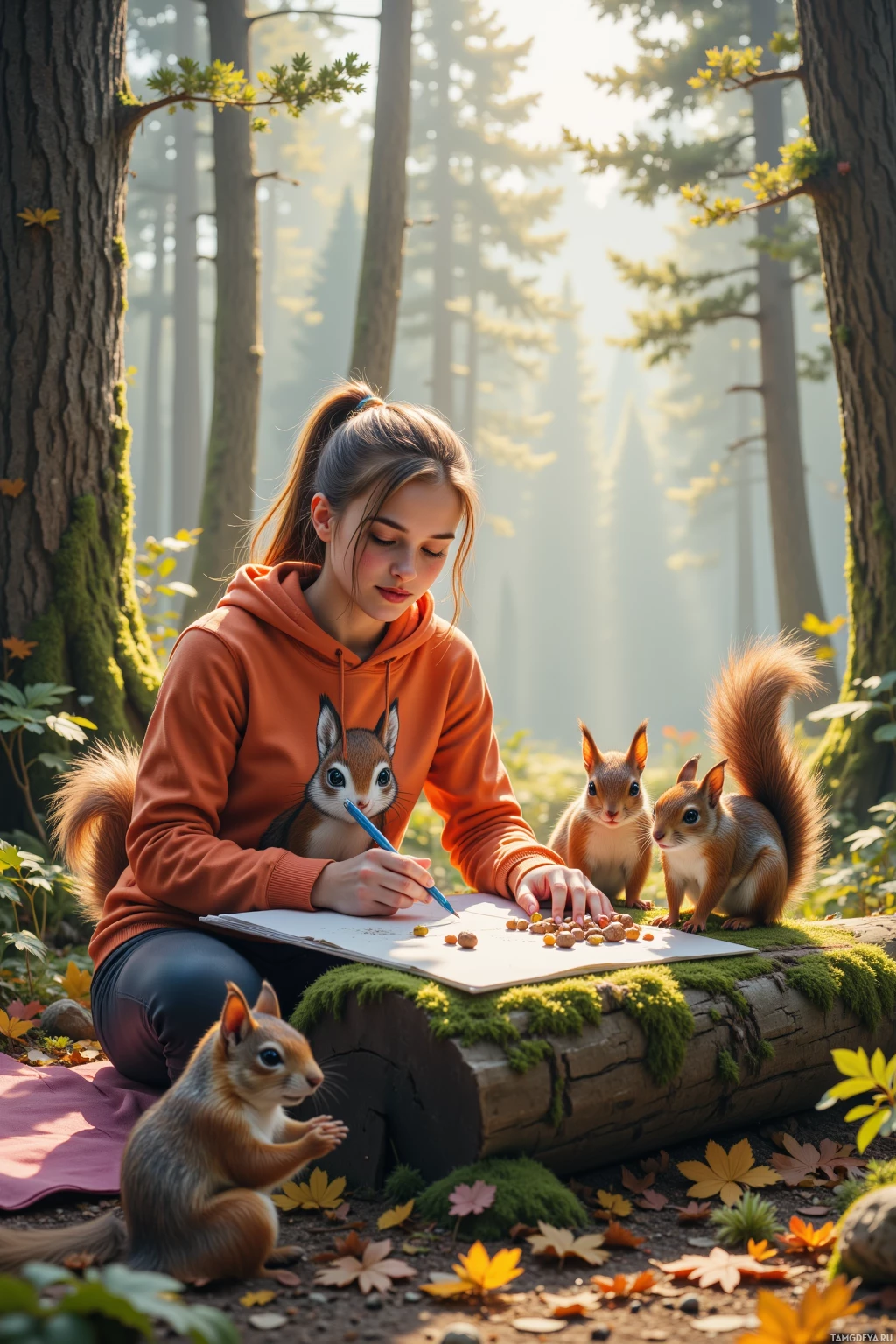 A person in an orange hoodie sits on a log in a forest, drawing with a pen while surrounded by squirrels.