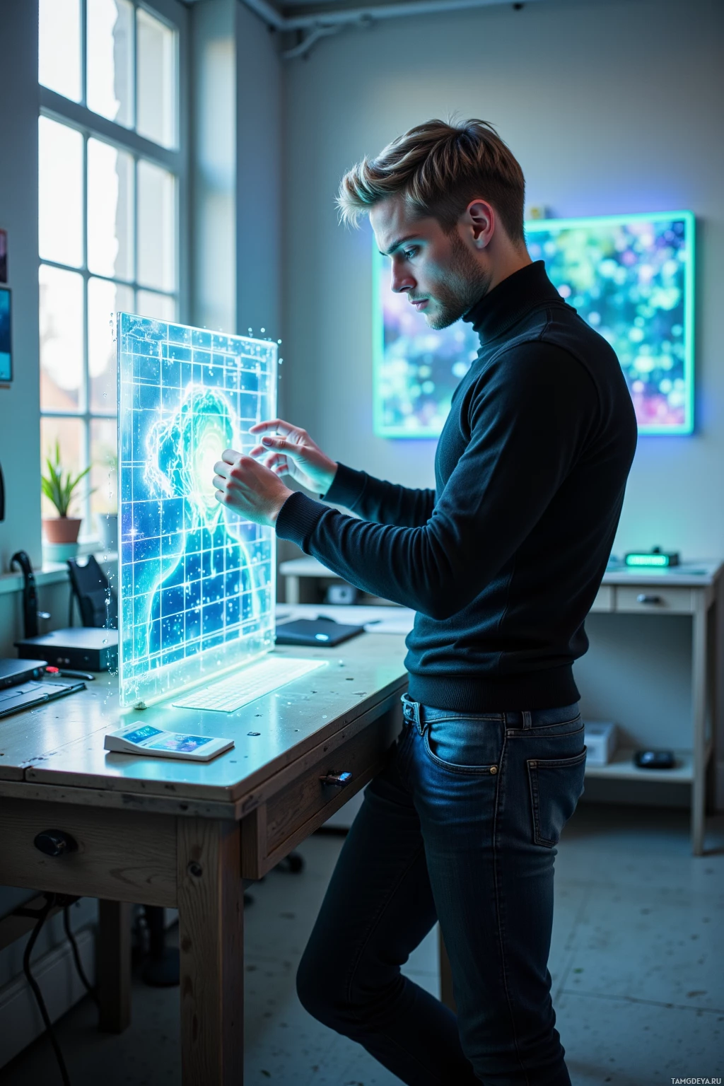 A person interacts with a futuristic, transparent holographic display in a modern office setting.