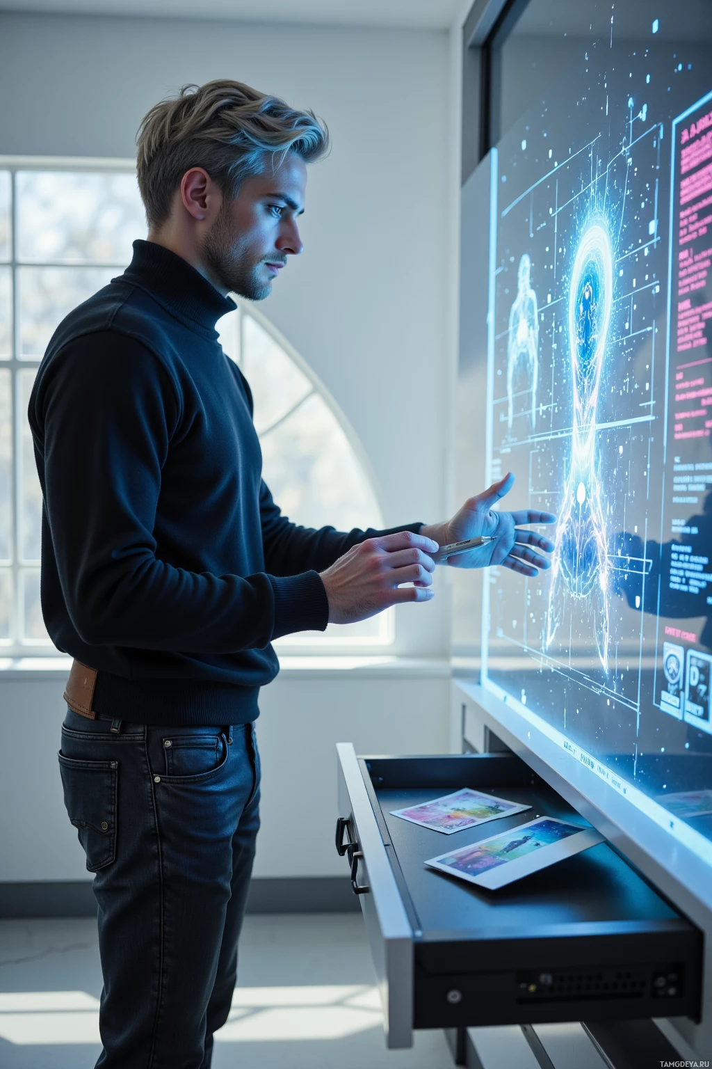 A man interacts with a large digital display in a modern office setting.
