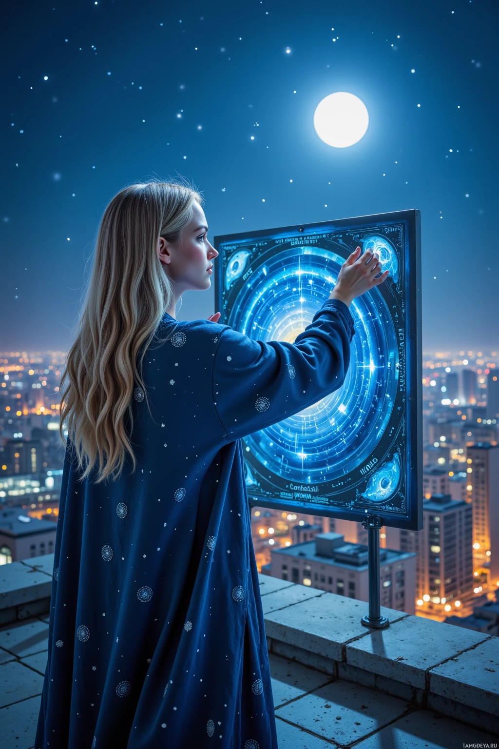 A woman stands on a rooftop at night, gazing at a glowing, intricate circular device with a cityscape and stars in the background.