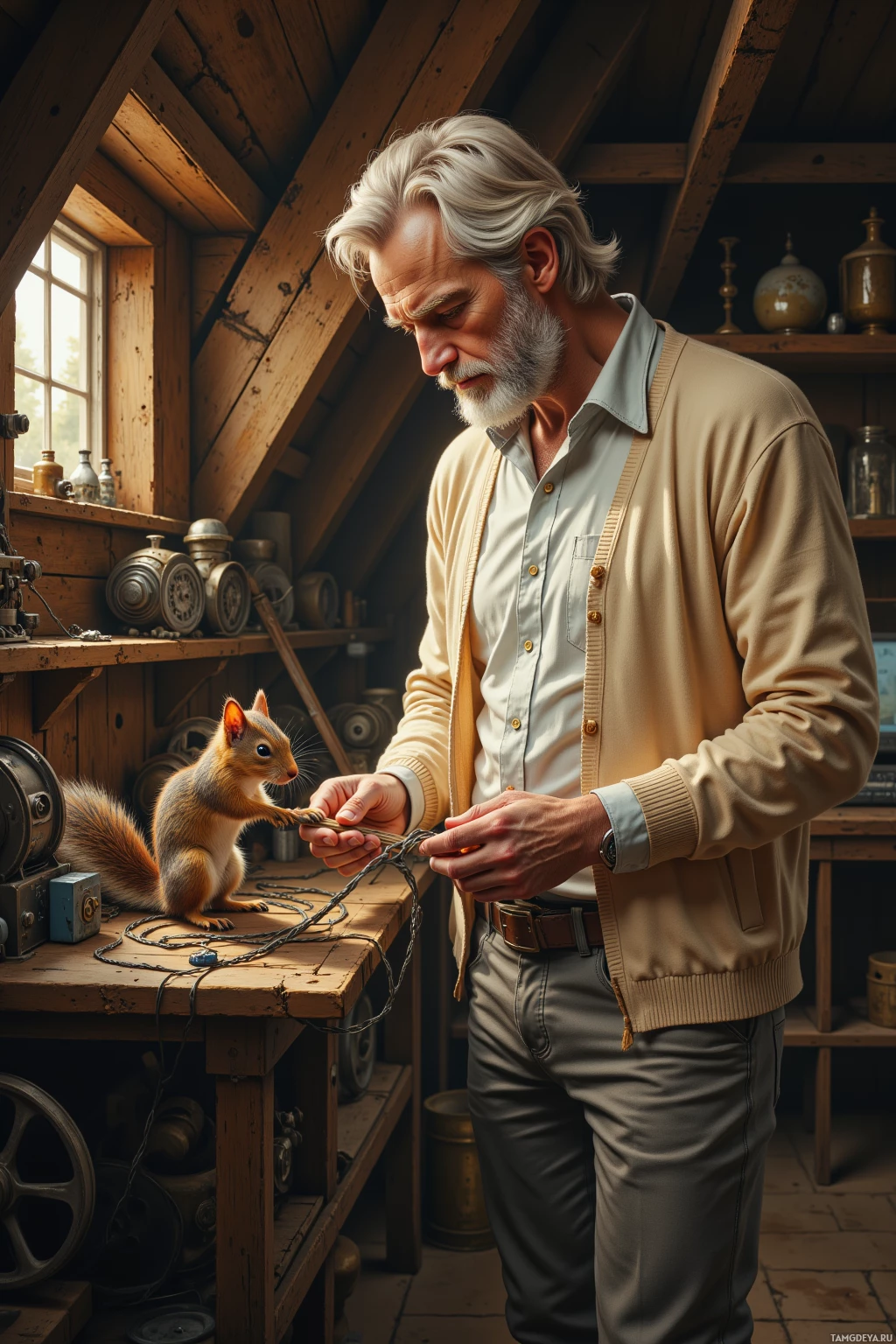 A man in a workshop interacts with a squirrel.