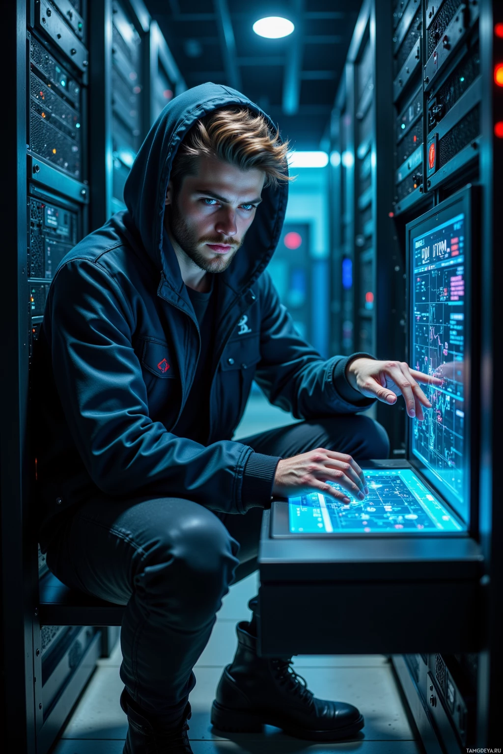 A person in a hooded jacket is crouching in a server room, interacting with a computer screen.