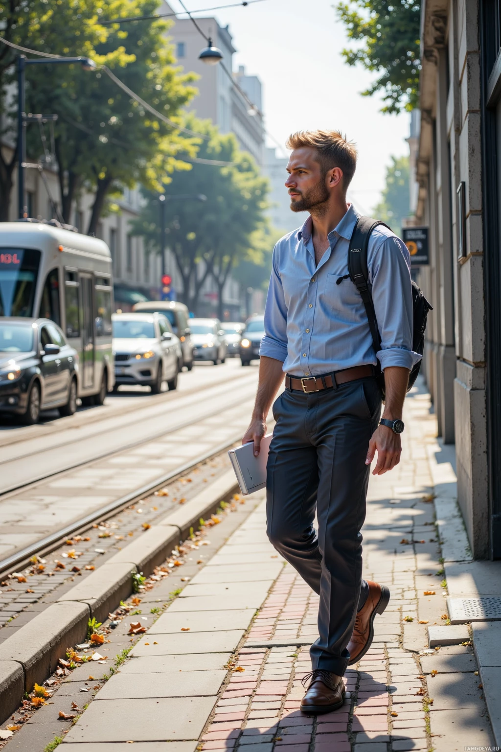 A man walks along a city sidewalk, holding a book and carrying a backpack.