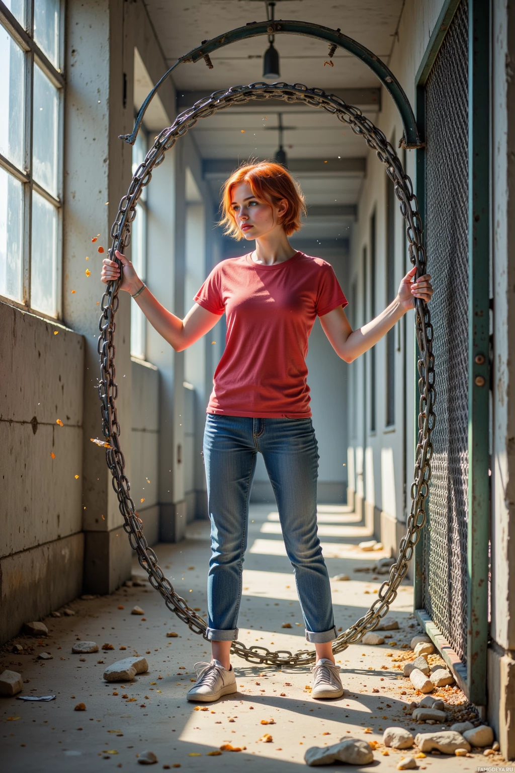 A person stands in a sunlit corridor holding a large chain, wearing a red shirt and jeans.