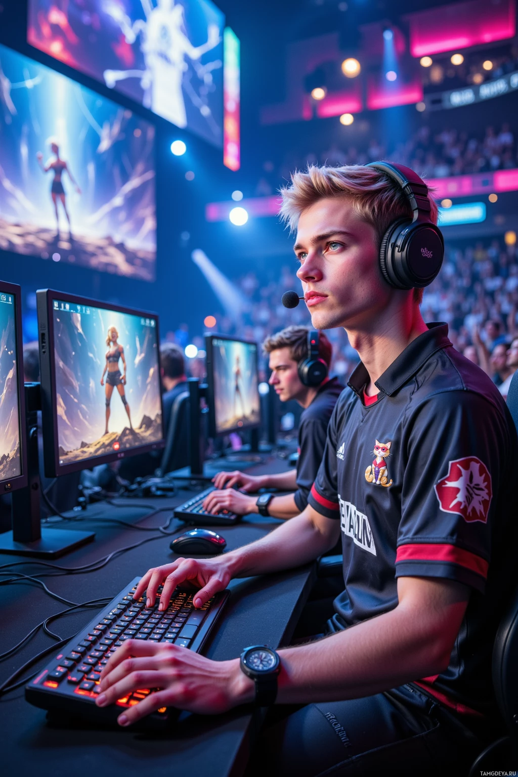 A young man in a gaming setup, wearing headphones and a team jersey, is focused on a computer screen.