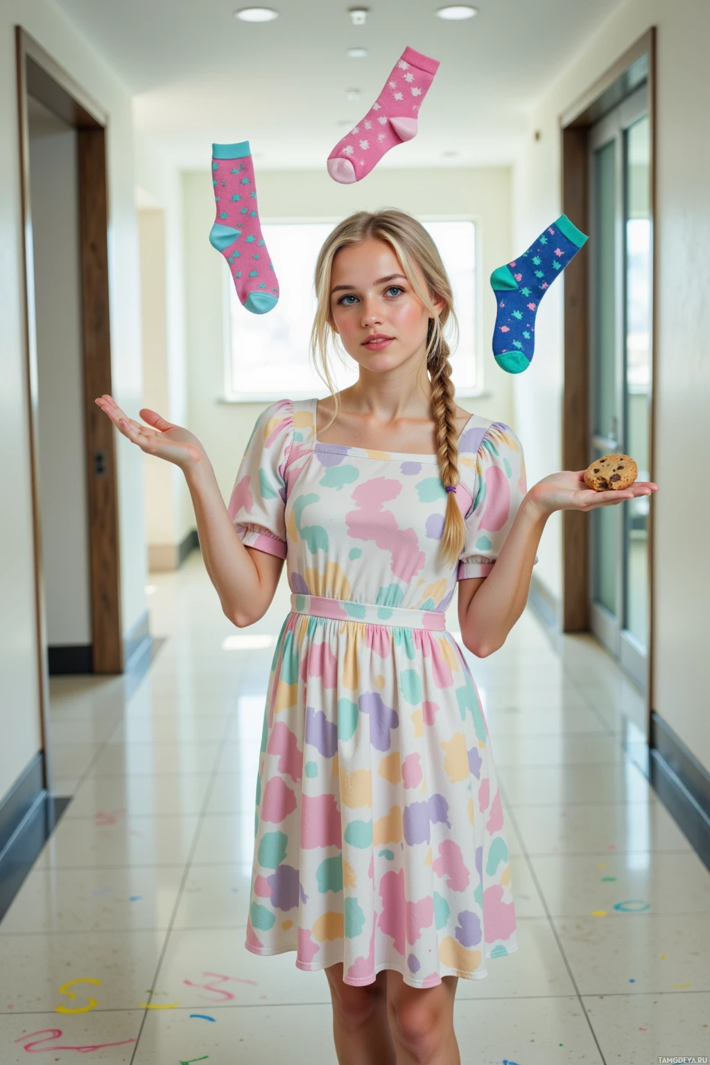 A person in a colorful dress juggles socks and holds a cookie in a hallway.