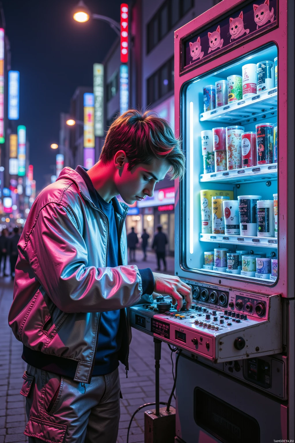 A person interacts with a vending machine in a neon-lit urban setting.