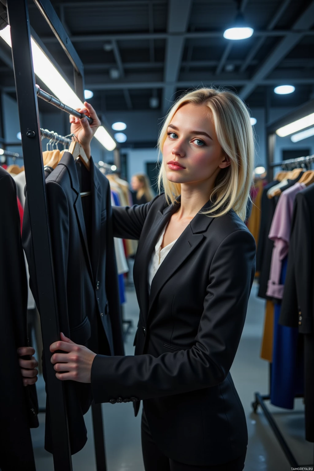 A woman in a black suit is browsing through clothing in a store.