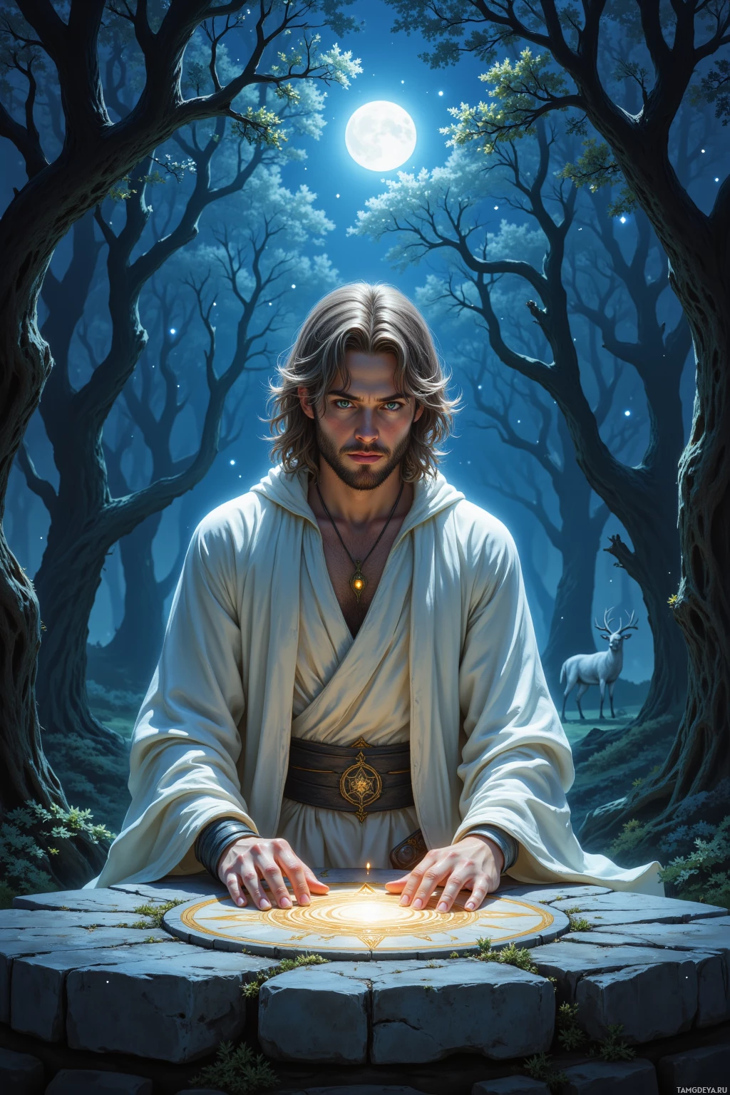 A man in a white robe stands in a mystical forest under a full moon, with a glowing symbol on the ground before him.