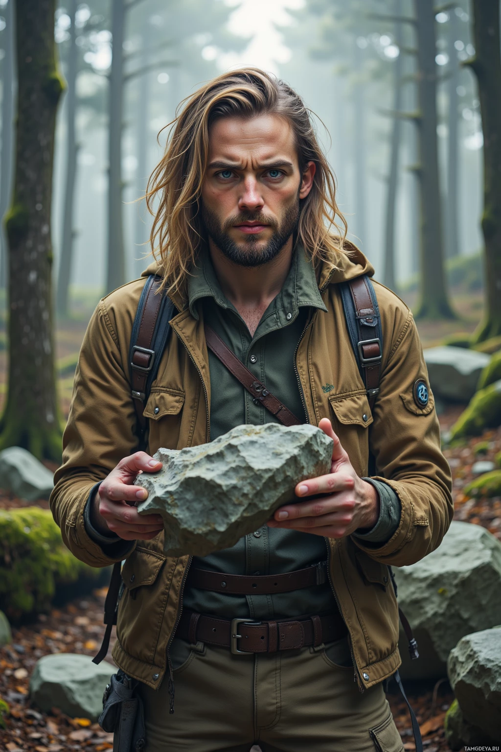 A man in a forest holds a rock while wearing a jacket and backpack.