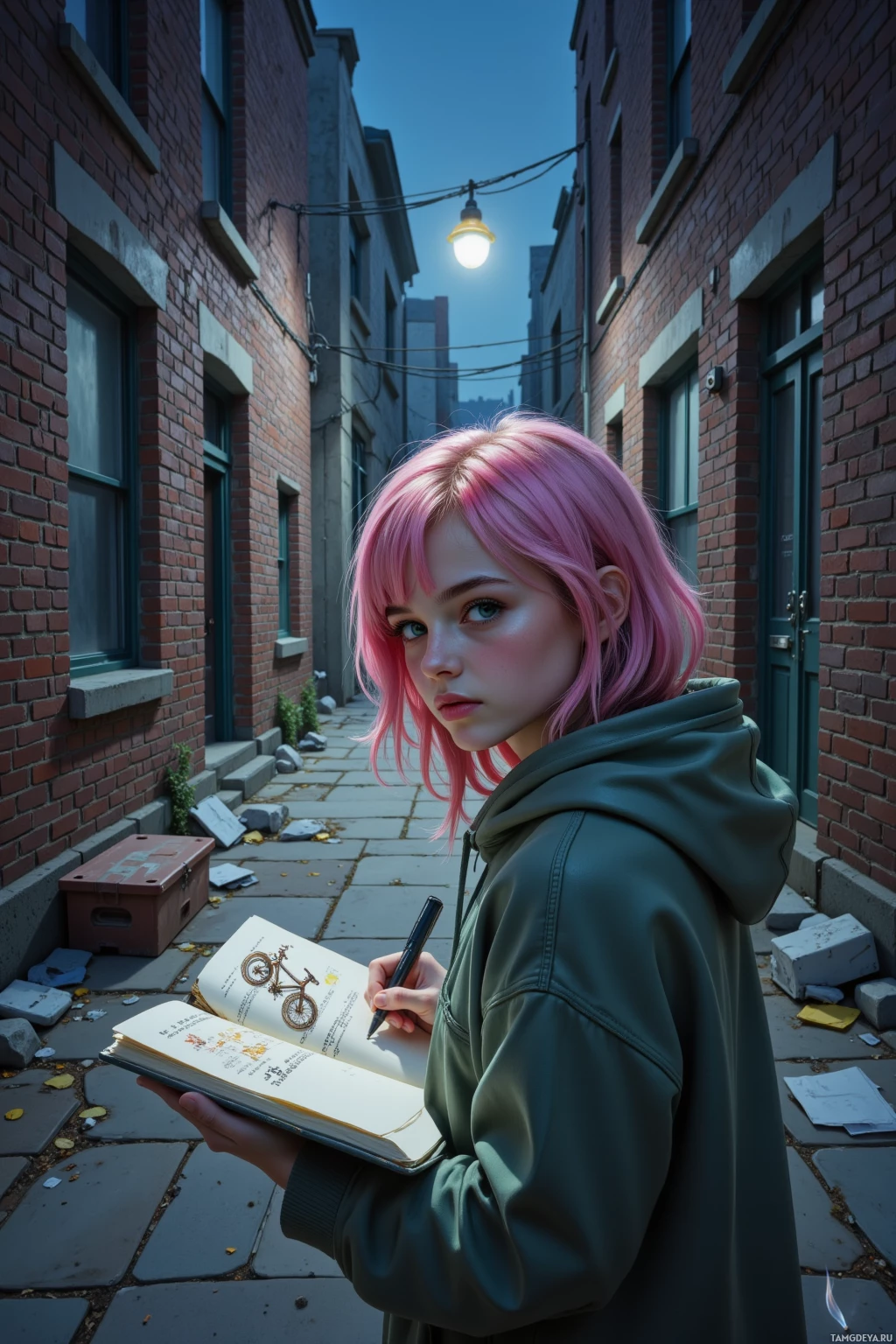A person with pink hair stands in an alleyway, holding an open book and a pen.