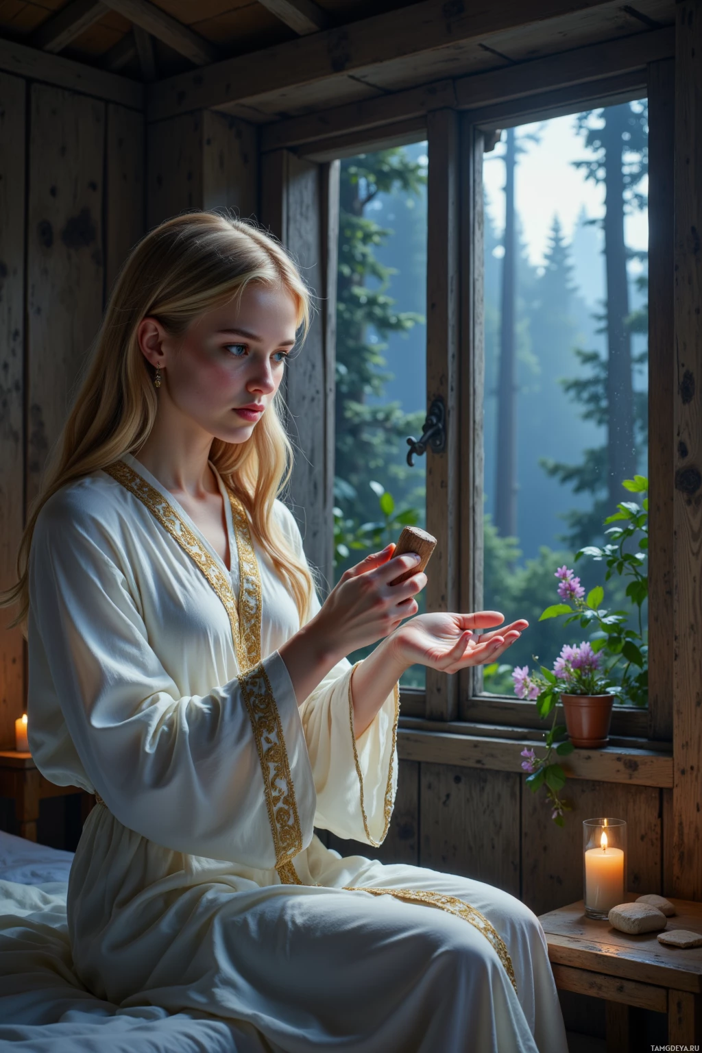 A woman in a white robe sits by a window, holding a small object in her hands.