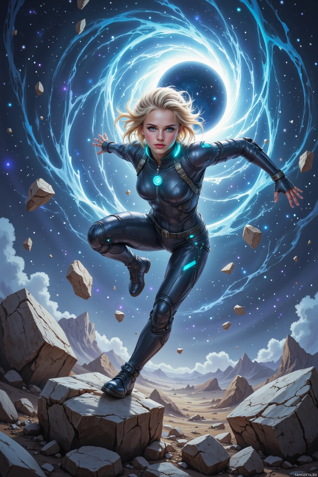 A woman in a futuristic suit stands in a desert landscape with a glowing portal behind her.