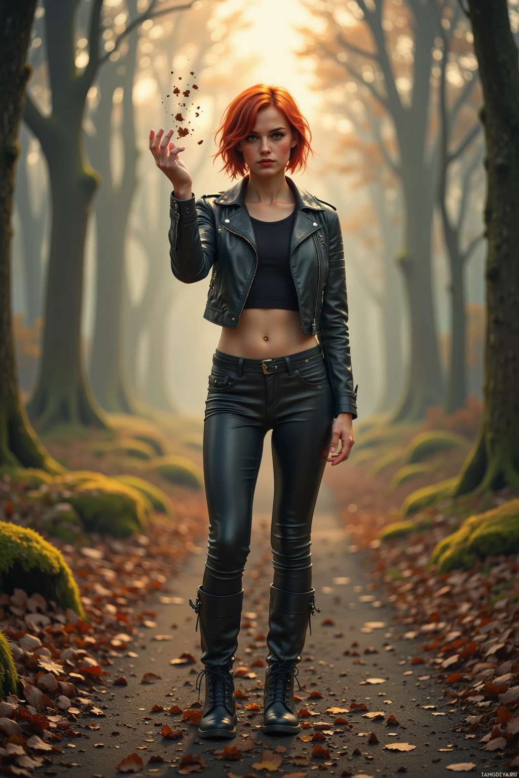 A woman with red hair stands in a forest path, wearing a black leather jacket and pants, with autumn leaves scattered around.