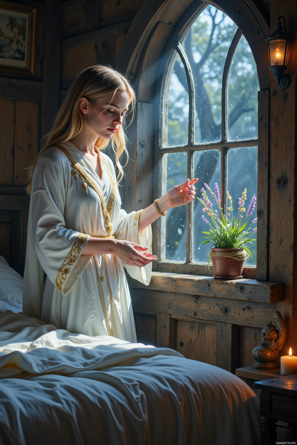 A woman in a white robe stands by a window in a rustic room, holding a small object.