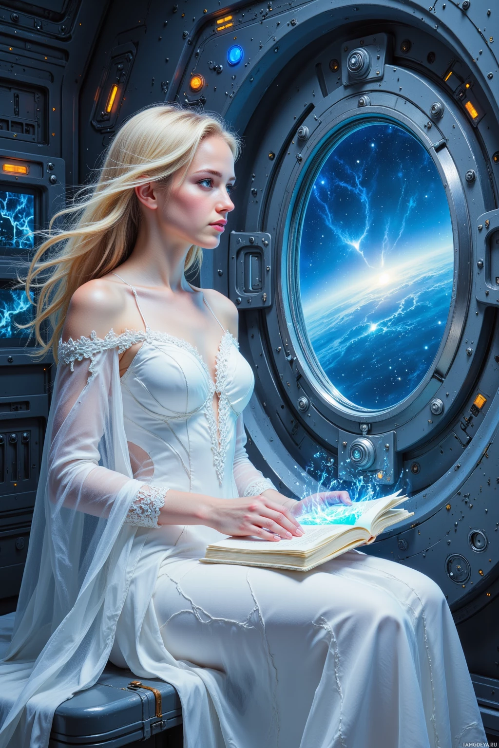 A woman in a white dress sits inside a futuristic spacecraft, holding an open book with a glowing effect emanating from it.