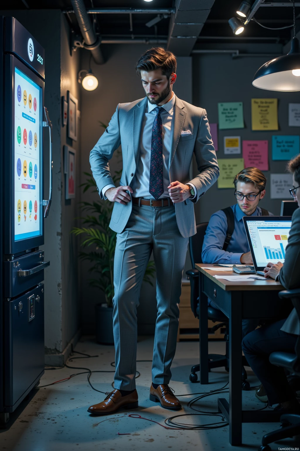 A man in a suit stands in an office with colleagues working at desks.