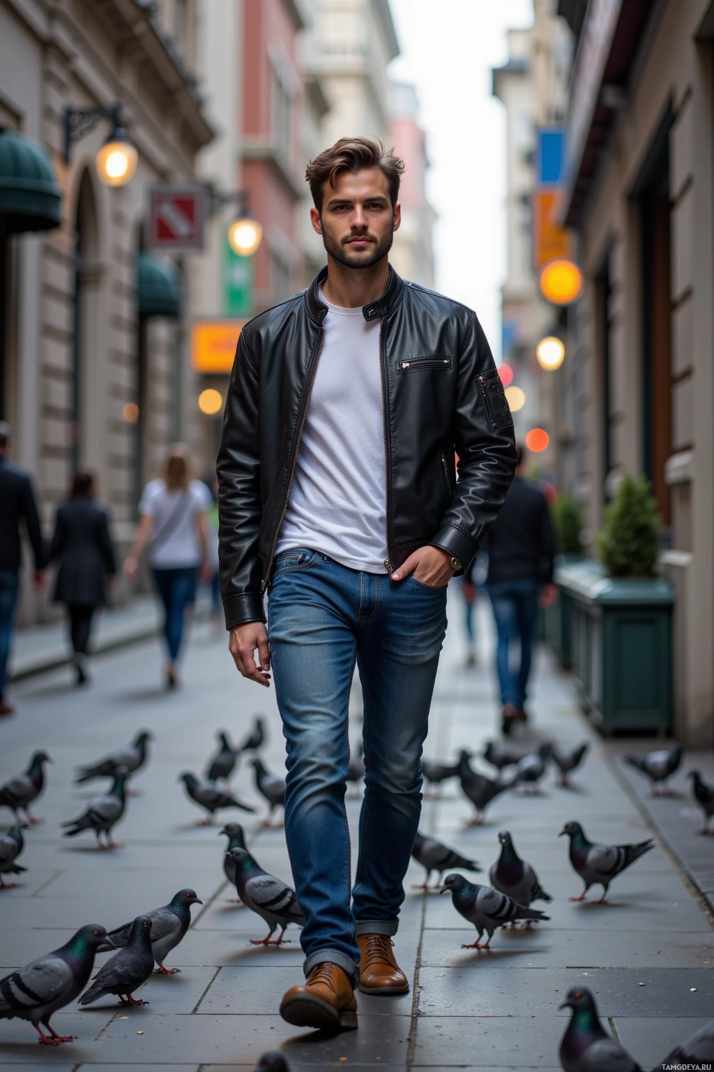 A man in a leather jacket and jeans walks down a street with pigeons.