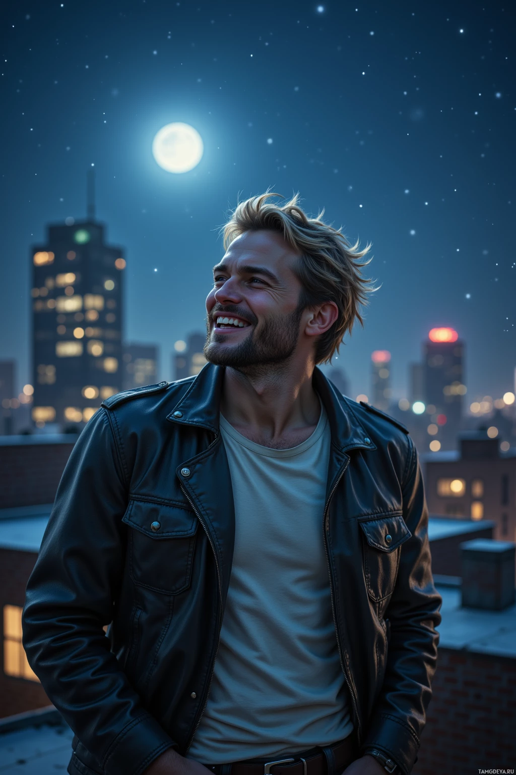 A man in a leather jacket stands on a rooftop at night, smiling under a full moon.