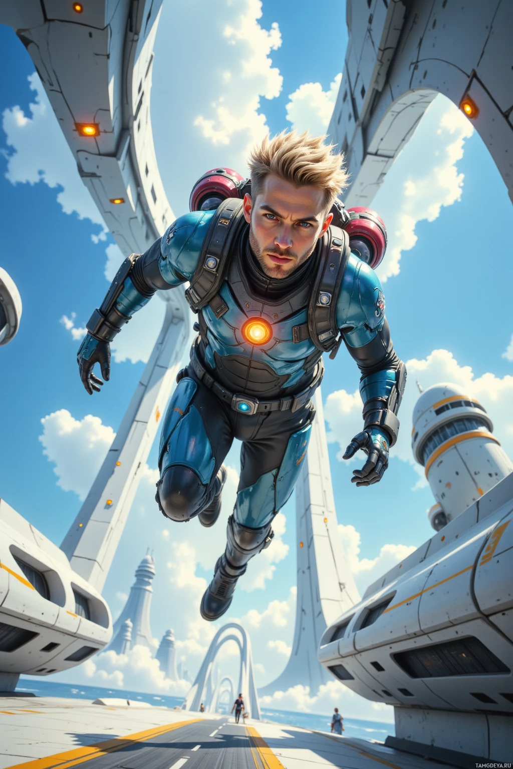 A futuristic character in a blue and black suit is floating in mid-air near a large, modern structure.