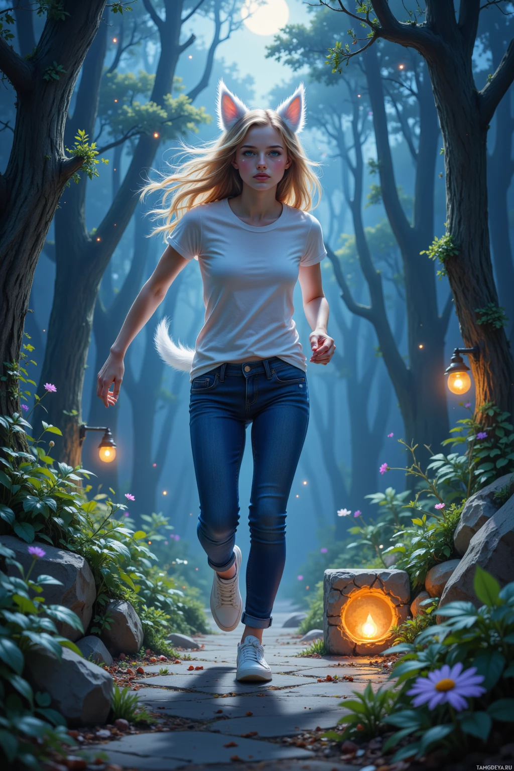 A woman with cat ears and a tail walks along a path in a forest at night.