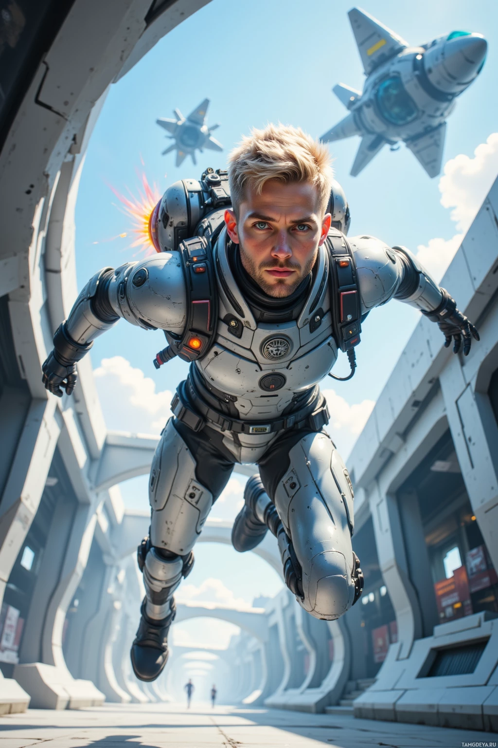 A futuristic astronaut in a space suit is floating in a tunnel with fighter jets in the background.