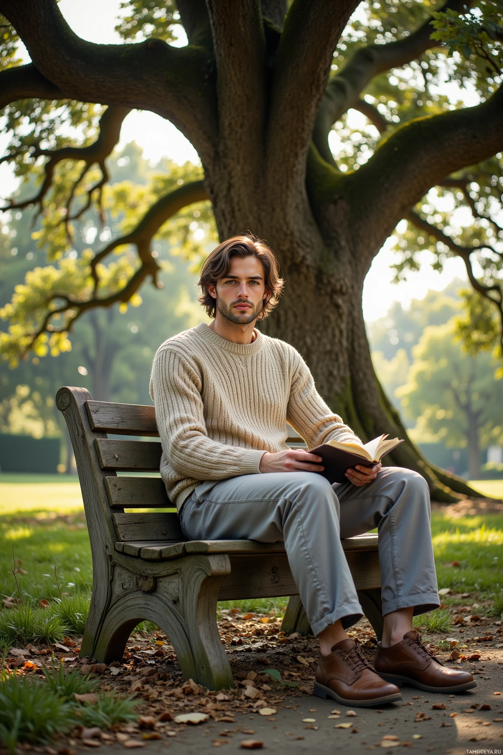 A man sits on a bench in a park, holding an open book.