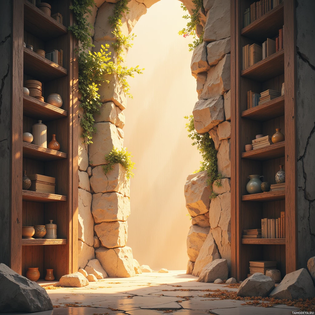 A stone doorway with wooden shelves containing books and pottery, bathed in sunlight.