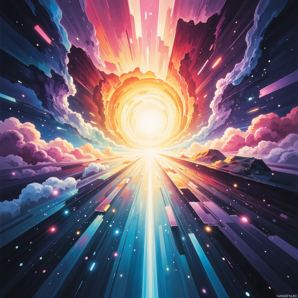 A vibrant cosmic scene with a radiant central light, colorful clouds, and streaks of light.