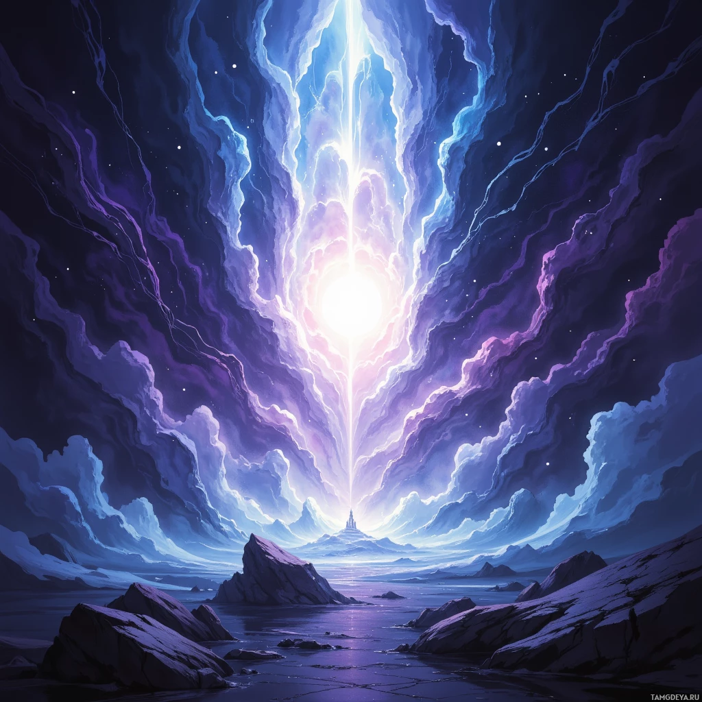 A mystical, ethereal landscape featuring a glowing portal amidst swirling clouds and rocky terrain.