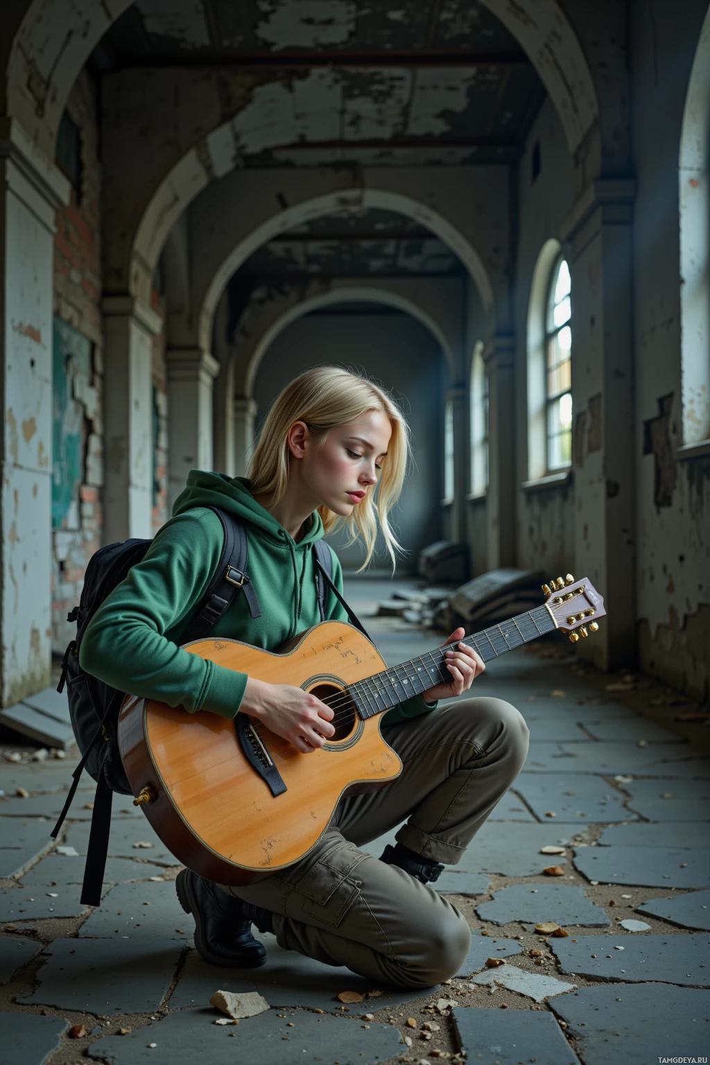 A person in a green hoodie plays an acoustic guitar in a dilapidated hallway.