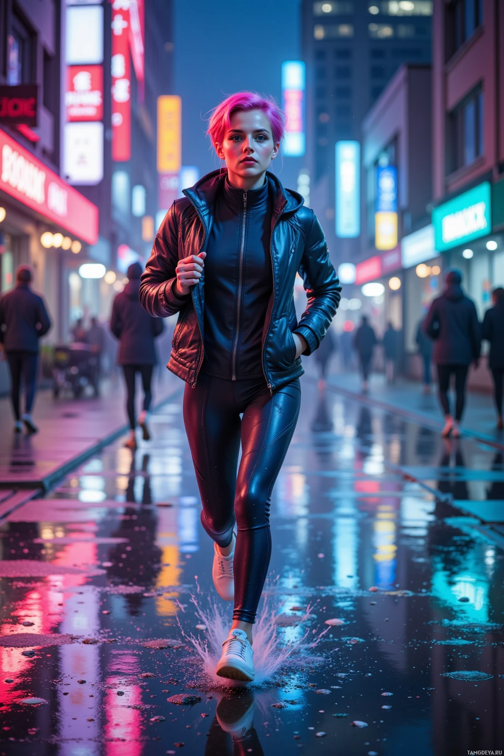 A person in a leather jacket and leggings walks through a neon-lit urban street at night.