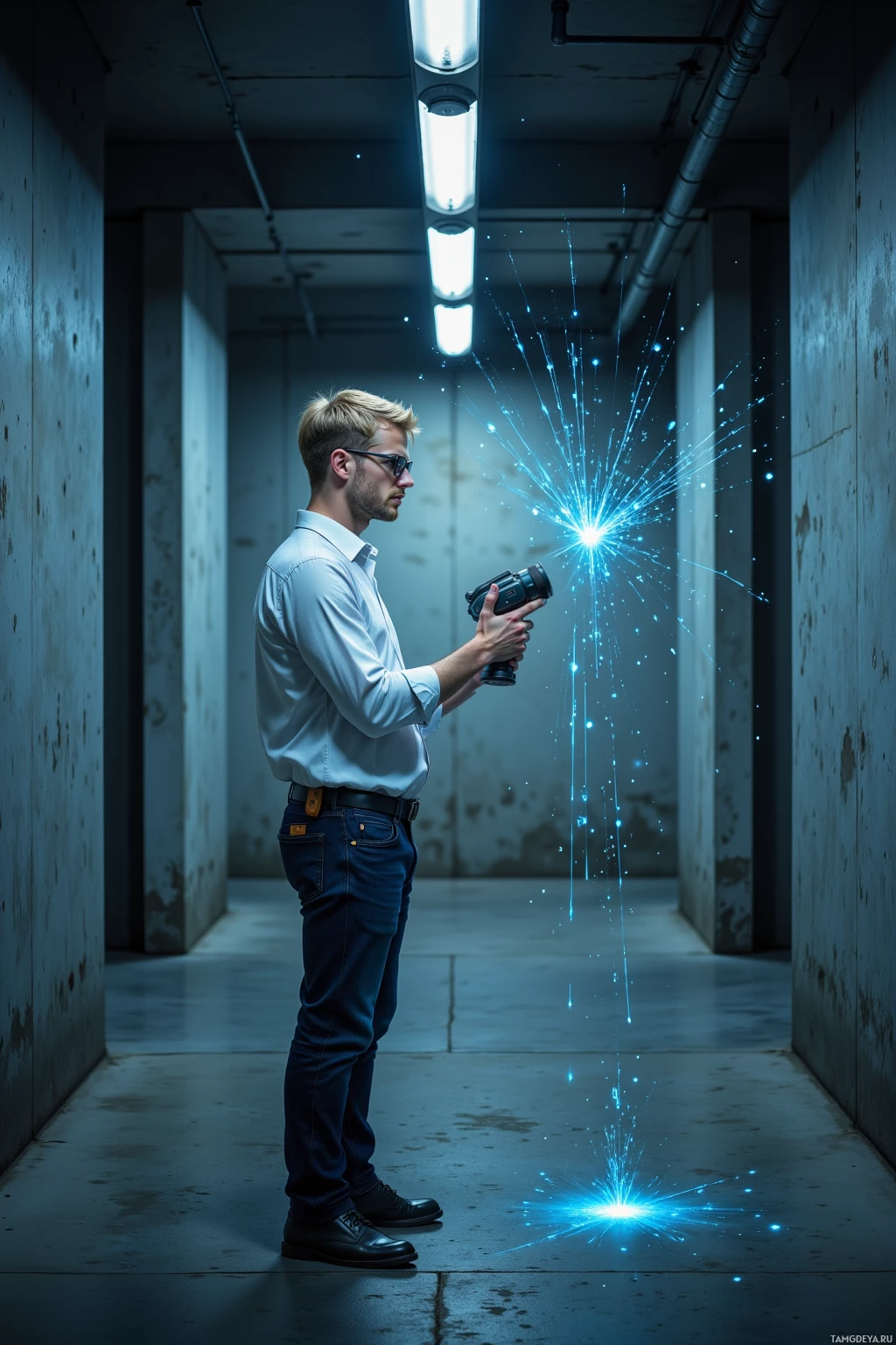 A man stands in a dimly lit corridor, holding a camera emitting blue sparks.
