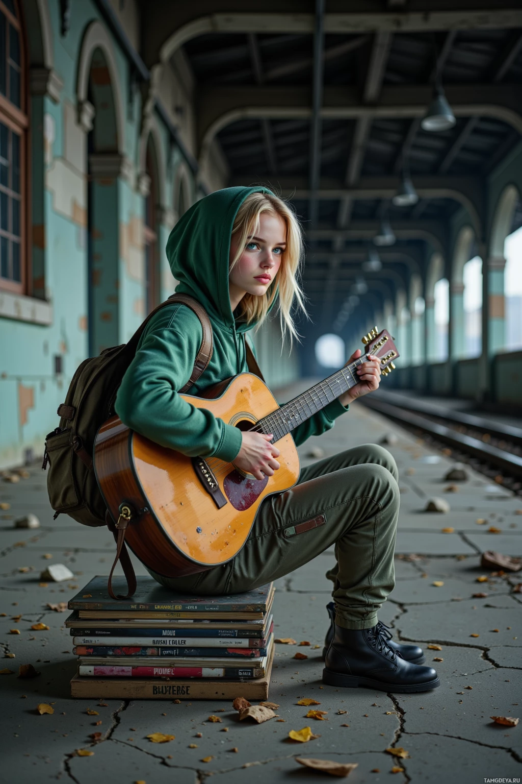 A young person sits on a stack of books, playing an acoustic guitar in a train station.