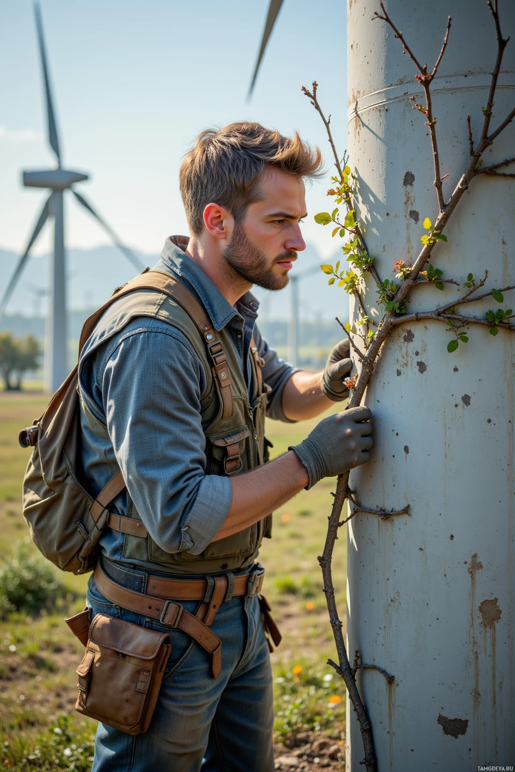 A man in a utility vest and gloves stands beside a wind turbine, holding a branch.