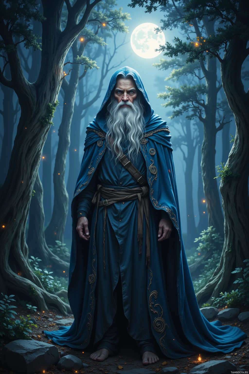 A wizard in a blue robe stands in a moonlit forest.