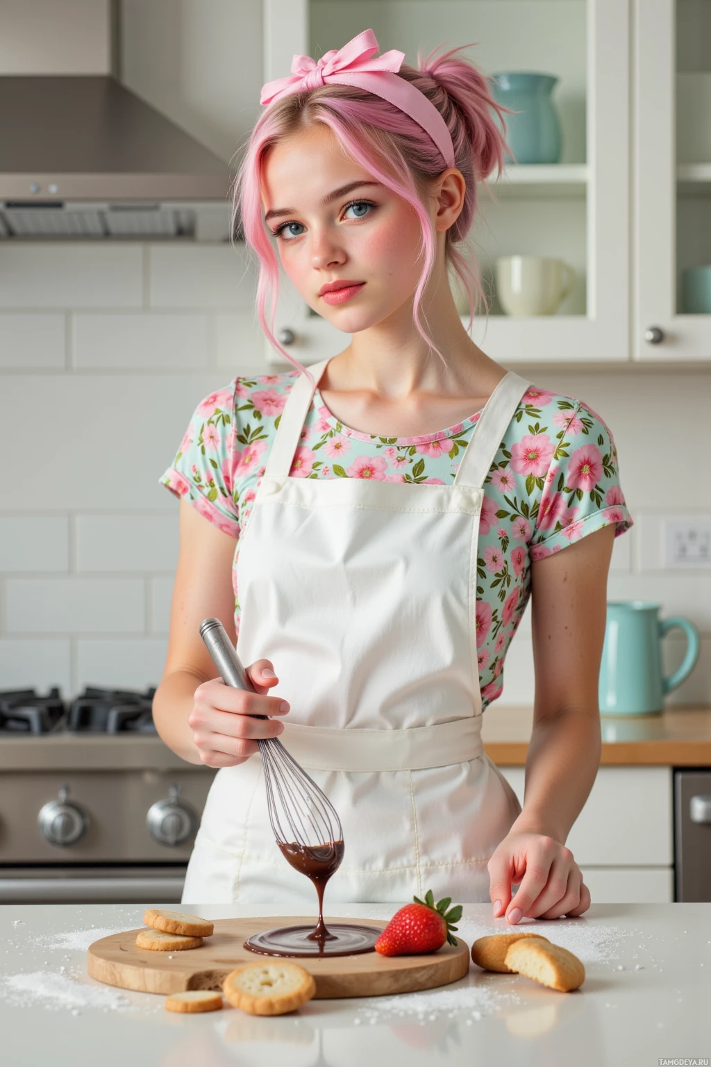 A young person in a floral shirt and white apron is preparing chocolate in a kitchen.